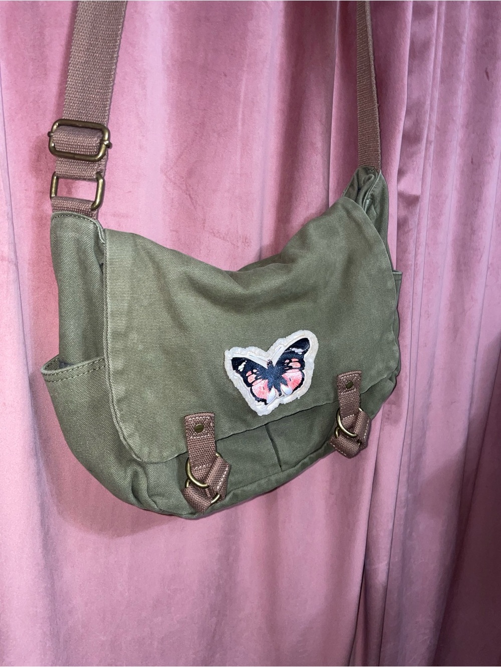 Olive Green Canvas Messenger Bag with Butterfly Patch Hot Topic